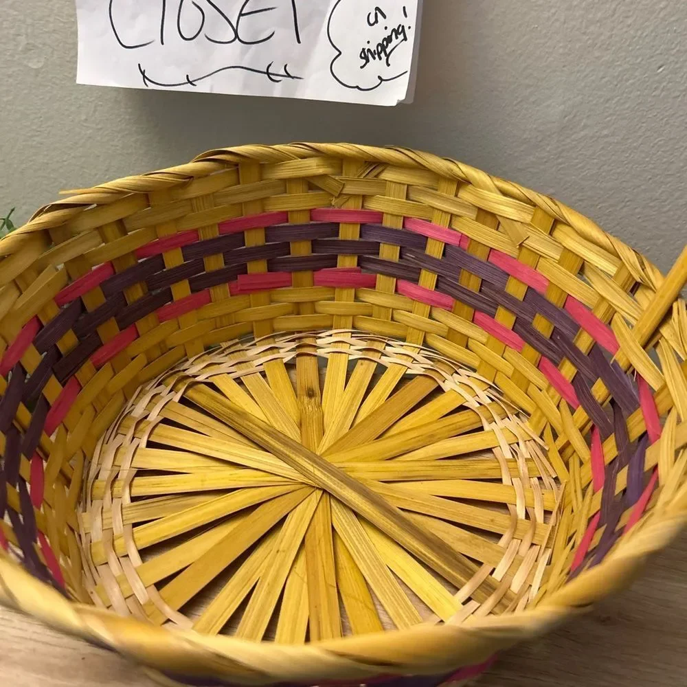 Colorful Handwoven Basket with Handle — Yellow, Purple & Pink